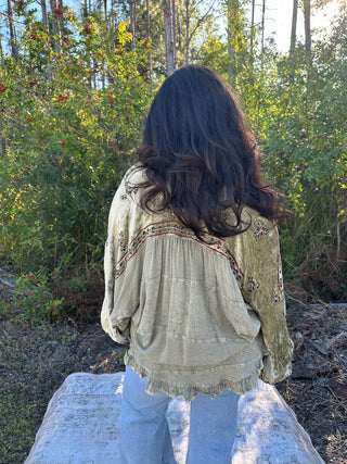 Young Threads Pistachio & Wine Embroidery Bat Sleeve Top