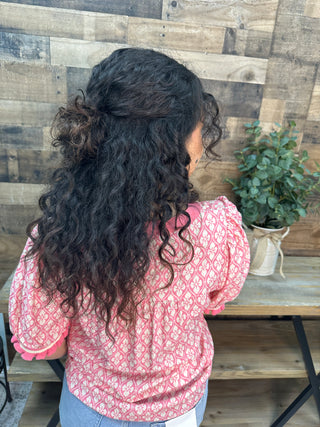 Staccato Pink Coral Geo Floral Short Slv Top