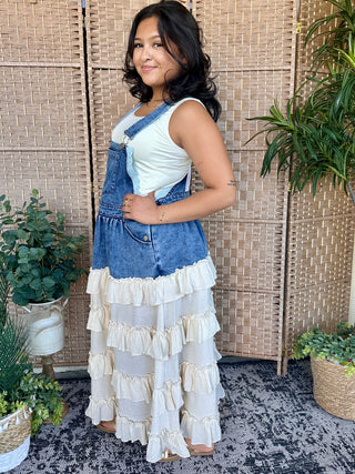 Alternate view of Wanna Be Her Denim Ruffle Overall Dress
