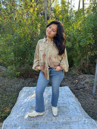 Young Threads Khaki & Pink Floral Embroidered Patchwork Top