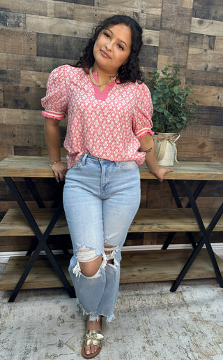 Staccato Pink Coral Geo Floral Short Slv Top