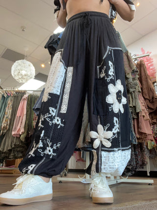 POL Black & Ivory Floral Crochet Joggers