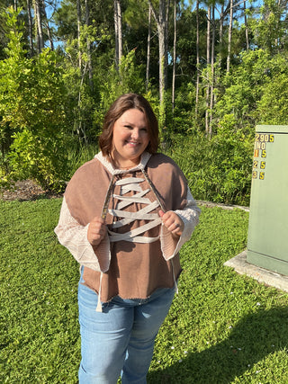 POL Mocha Sweater Top w/ Lace Down Detail