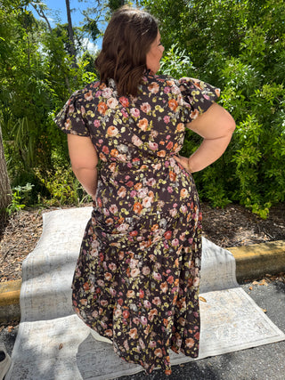 Entro Dk Brown Floral Tiered Midi Dress