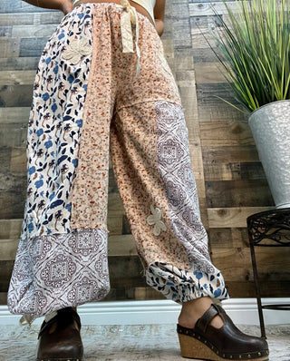 POL Peach & Blue Floral  Patchwork Jogger w/ Crochet Detail
