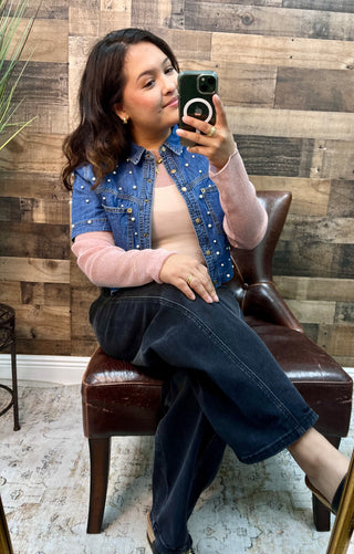 Cozy Co Pearl Washed DK WASH Denim Short Sleeve Shrug Top