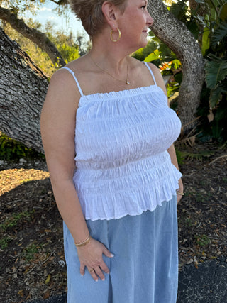 White Linen Blend Wide Smocked Layering Top