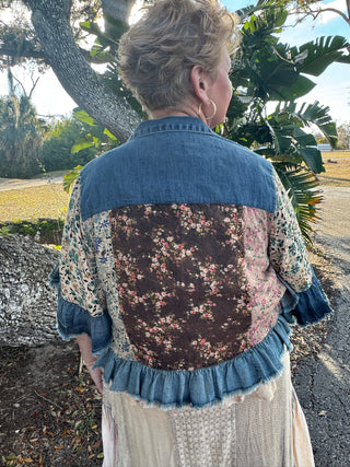 Alternate view of Young Threads Latte Patchwork & Denim Ruffle Hem Crop Jacket Top

