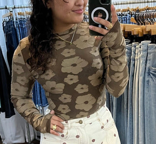Brown Flower Stretch Layering Top w/ Thumb Opening
