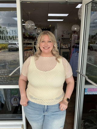 Alt text: "Cream dot lace mesh layering top with round neck and short sleeves, perfect for stylish layering.