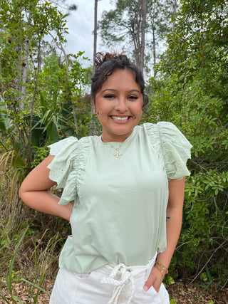 Alternate view of Green Eyelet Flutter Sleeve Top
