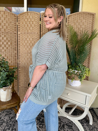 Alternate view of Take It Easy Seafoam Open Weave Cardigan Top

