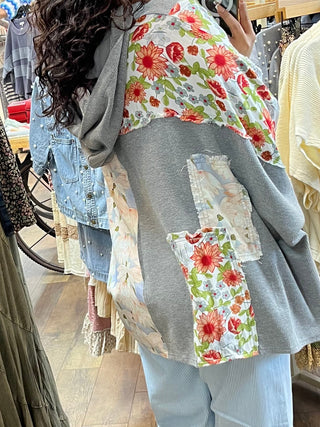 POL Heather Gray Half Placket Mixed Fabric Boxy Top Oversized