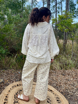Alternate view of Ivory Lace Eyelet Accent Long Slv Blouse Top
