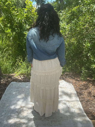 Ecru maxi skirt featuring tufted dot lace tiers for a stylish and feminine look