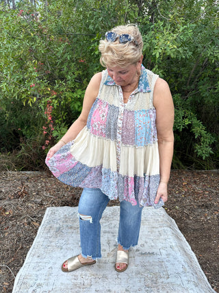 Alternate view of Boho Chic Latte Delight Patchwork Button Down Sleeveless Top Curvy
