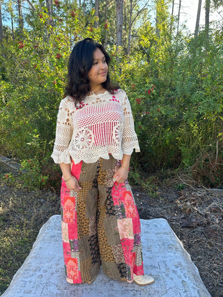 POL Pink Patchwork Boho Pants w/ Contrast Thread