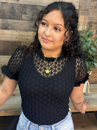 Easel BLACK Textured Mesh Short Sleeve Layering Top