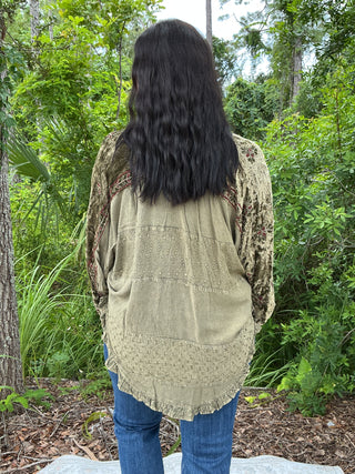 Young Threads Olive & Wine Embroidery Bat Sleeve Top