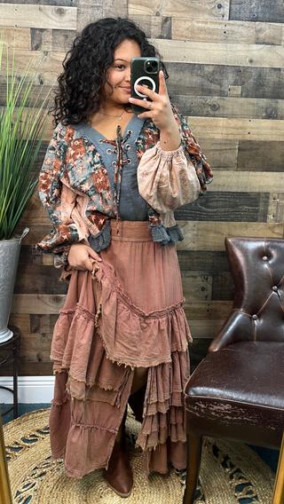 POL Teal Brown & Blush Patchwork Tie Front Top Oversized