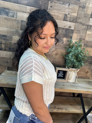 Staccato Ivory Open Weave Vertical Textured Stripe Top