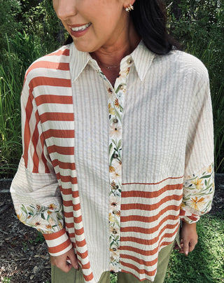 Sew In Love Ivory & Rust Floral Stripe Top w/ Button Down Detail