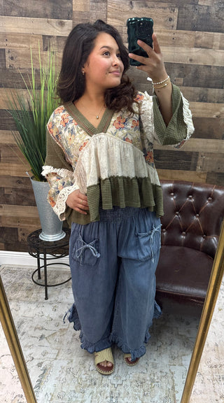 POL Olive Floral Ruffle VNeck Long Slv Top