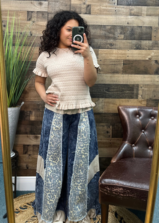 POL Denim & Leopard Wide Leg Ruffle Hem Pants
