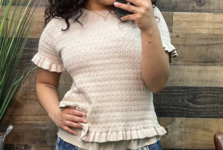 Listicle Oatmeal Cable Knit Short Slv Ruffle Hem Sweater Top