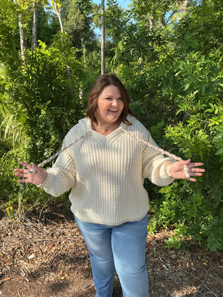 POL Ivory Cream V Neck Chenille Hoodie