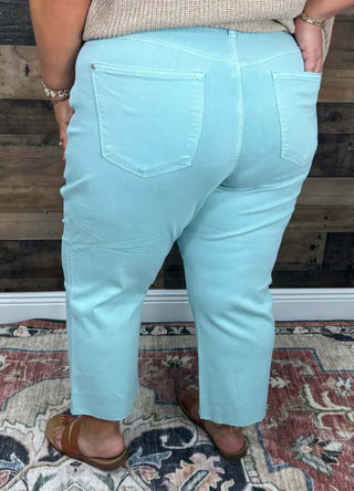 Judy Blue 88984 Chalky Mint Cropped Wide Leg Jeans with a casual, stylish fit for a trendy and comfortable look.