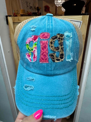Custom GIGI Applique Ponytail Hat in Various Colors, Stylish and Functional for Active Lifestyles.