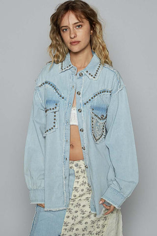 POL Denim & Studs Edgy Shacket – Stylish Blue Shacket with Studded Detailing, Perfect for an Urban Chic Look