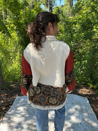 POL Vintage Shacket Top Deep Brick & Oatmeal w/ Pearl Accents