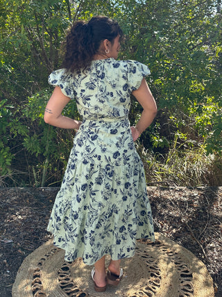 Alternate view of A & She Sage & Navy Floral Split Neck Midi Dress
