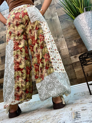 POL Dusty Red & Green Floral  Patchwork Jogger w/ Crochet Detail