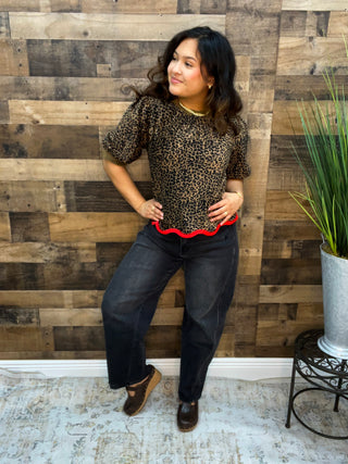 Brown Leopard with Red Contrast Wavy Hem Top