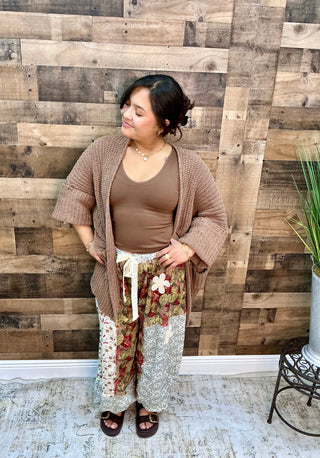 POL Dusty Red & Green Floral  Patchwork Jogger w/ Crochet Detail