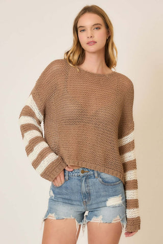 Cocoa Open Weave Stripe Sleeve Pullover Sweater Top Cozy Co - stylish and cozy brown sweater with open weave sleeves.