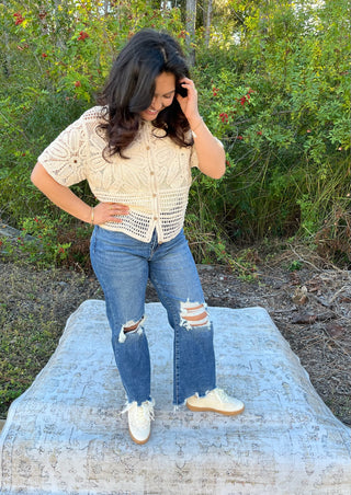 Anniewear Natural Crochet Short Slv Cardigan Top