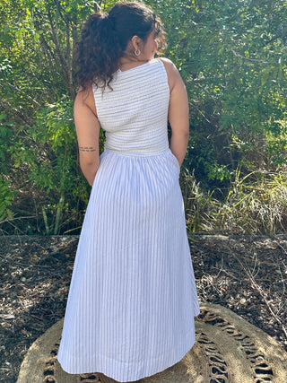White & Black Pinstripe Smocked Sleeveless Midi Dress
