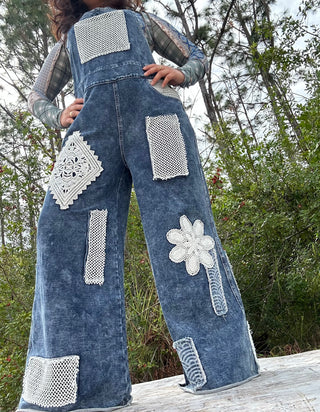 POL Denim Crochet Patchwork Wide Leg Overalls