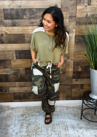 POL Olive Camo Lace Patchwork Jogger