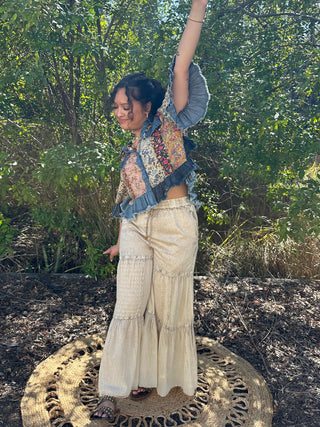 Alternate view of Young Threads Latte Patchwork & Denim Ruffle Hem Crop Jacket Top

