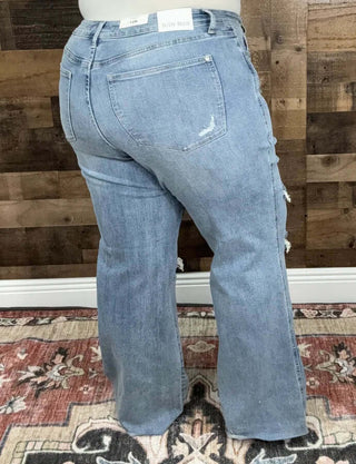 Judy Blue 88933 Mid-Rise Tummy Control Distressed Wide Leg Jeans in Light Wash