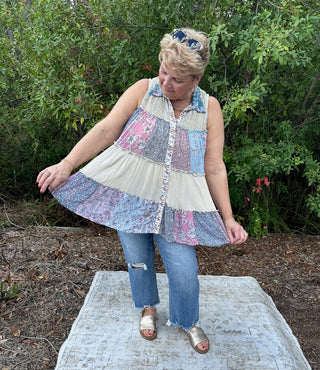 Alternate view of Boho Chic Latte Delight Patchwork Button Down Sleeveless Top Curvy
