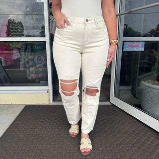Mica Denim Cream Distressed High Rise Dad Jeans - Trendy, Relaxed Fit with Unique Distressed Details for Effortless Style
