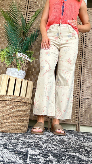 Easel Cross Stitch Floral Stretch Twill Pants
