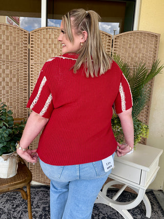Alternate view of Red Crochet Striped Pointelle Top
