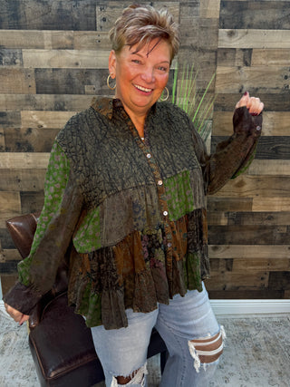 Vintage Boho Embroidered & Patchwork Tiered Top w/ Green Patchwork